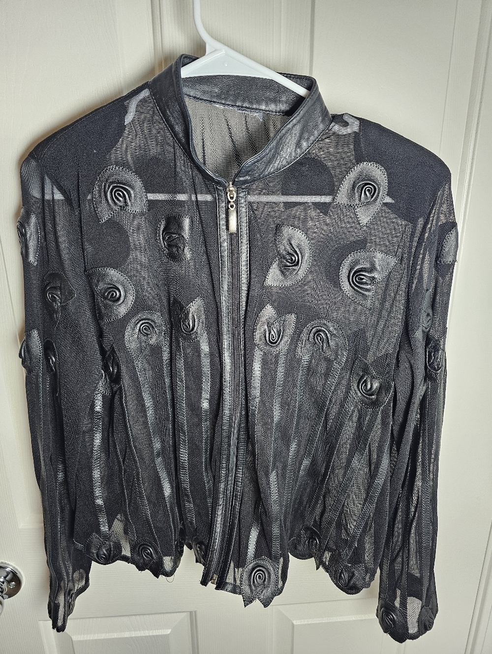 BELGIN FRANCIS Sheer Mesh Zip-Up Jacket Leather Leaves Rosettes Size: L